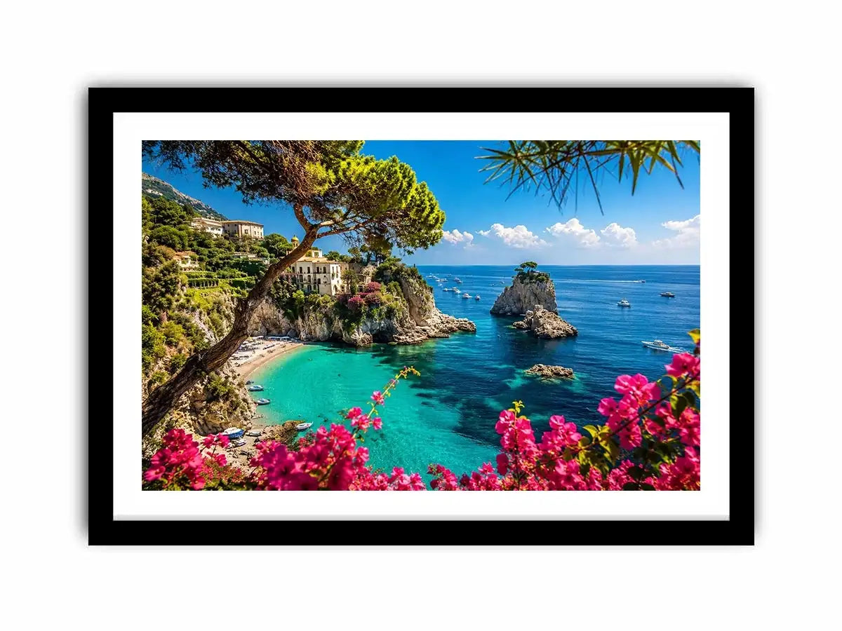 Mediterranean coastal paradise canvas art with turquoise sea for luxury living room and beach house decor.