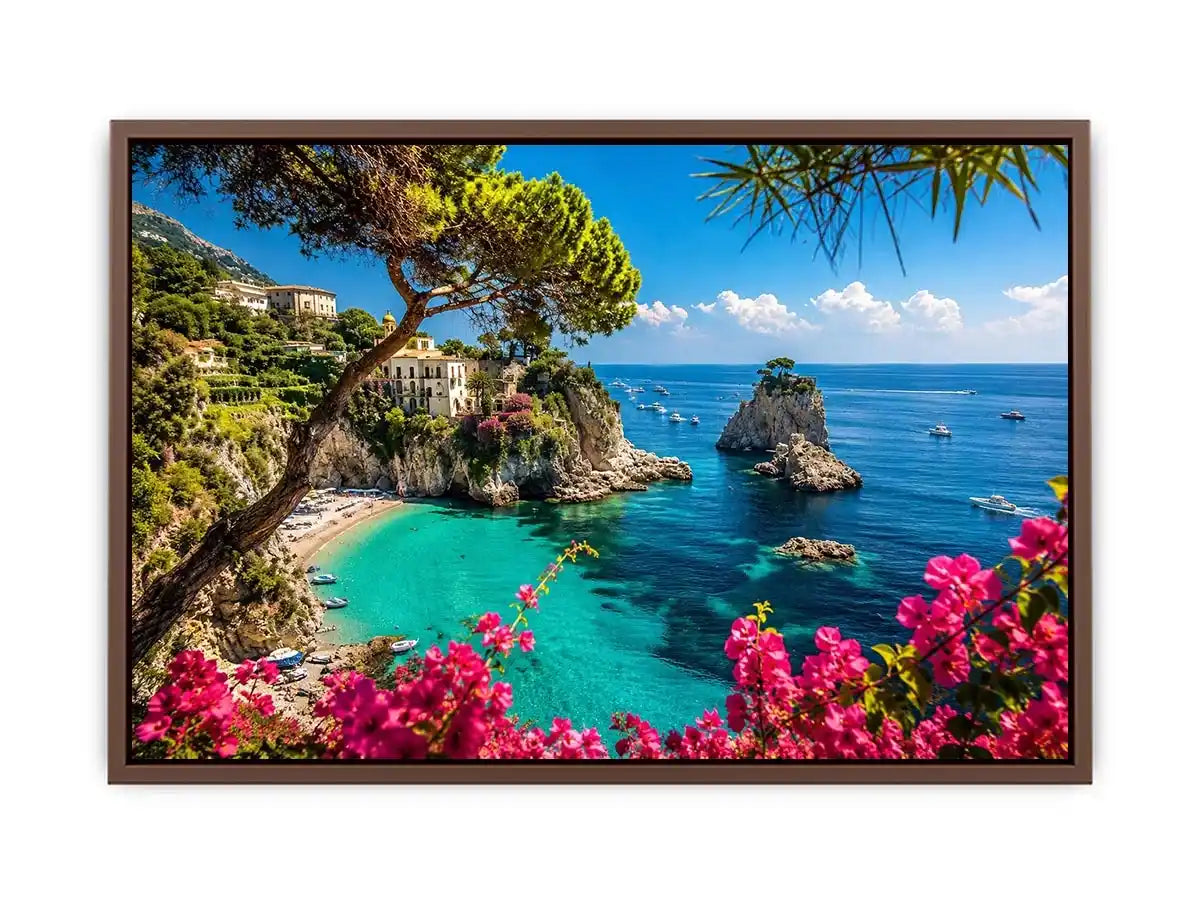 Mediterranean coastal paradise canvas art with turquoise sea for luxury living room and beach house decor.