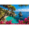 Mediterranean coastal paradise canvas art with turquoise sea for luxury living room and beach house decor.