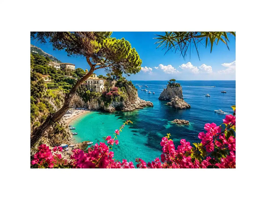 Mediterranean coastal paradise canvas art with turquoise sea for luxury living room and beach house decor.