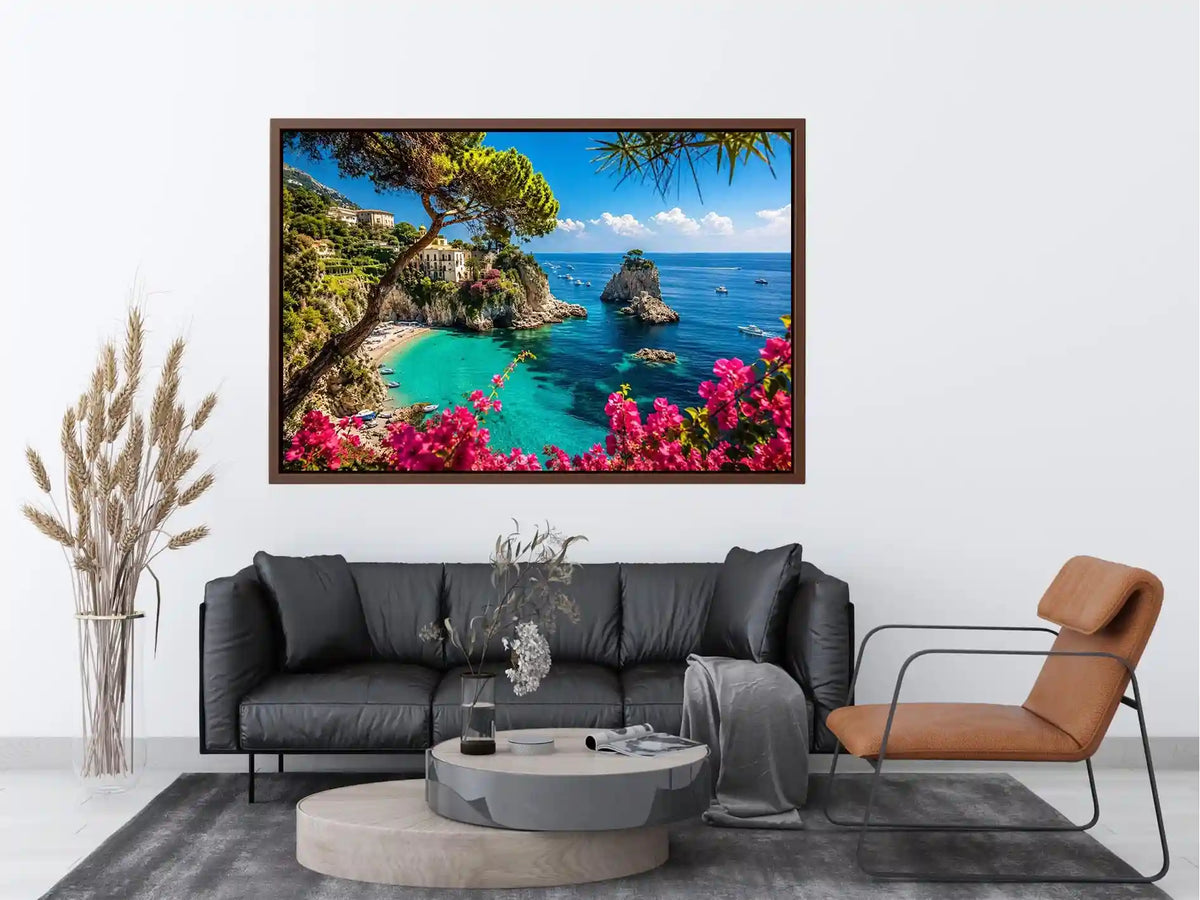 Mediterranean coastal paradise canvas art with turquoise sea for luxury living room and beach house decor.