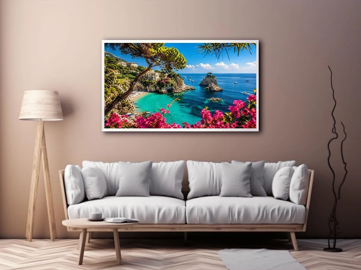 Mediterranean coastal paradise canvas art with turquoise sea for luxury living room and beach house decor.