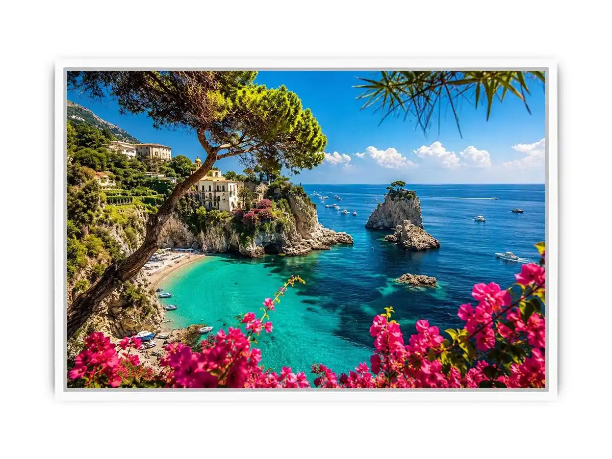 Mediterranean coastal paradise canvas art with turquoise sea for luxury living room and beach house decor.