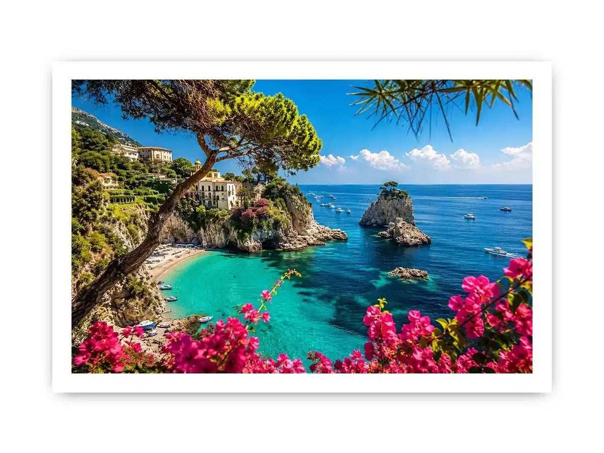 Mediterranean coastal paradise canvas art with turquoise sea for luxury living room and beach house decor.