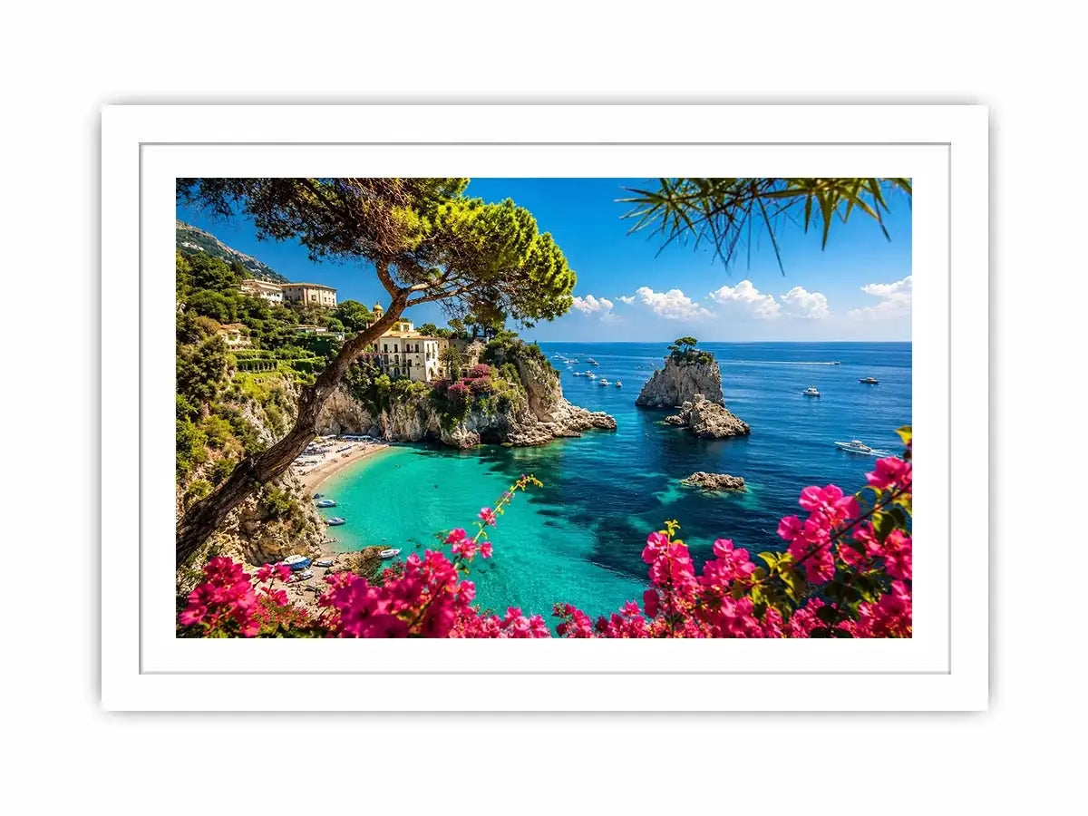 Mediterranean coastal paradise canvas art with turquoise sea for luxury living room and beach house decor.