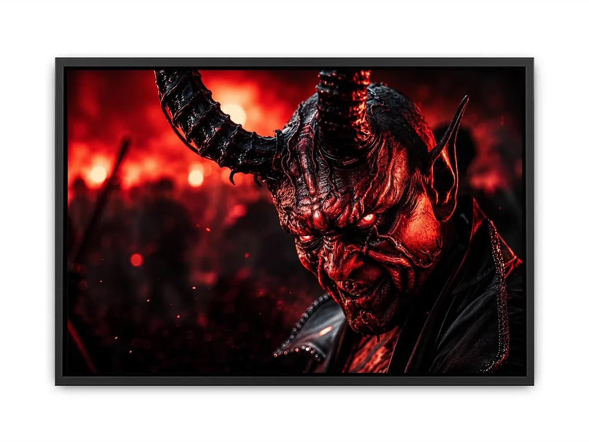 Dark crimson oni mask wall art for gaming room, office, and dramatic modern interior decor.