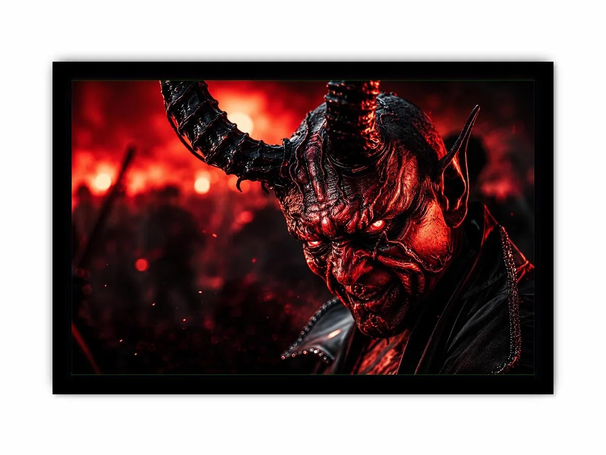 Dark crimson oni mask wall art for gaming room, office, and dramatic modern interior decor.