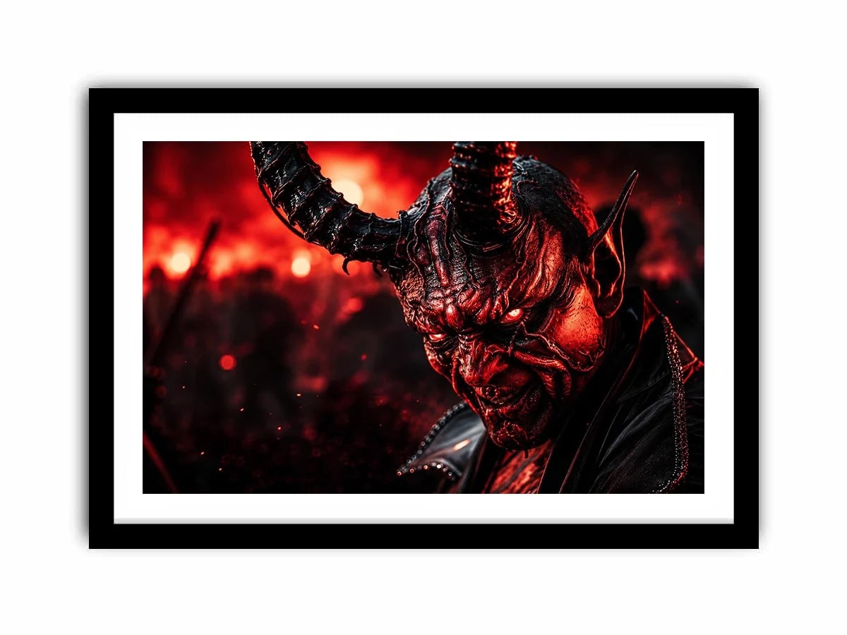 Dark crimson oni mask wall art for gaming room, office, and dramatic modern interior decor.