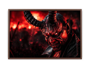 Dark crimson oni mask wall art for gaming room, office, and dramatic modern interior decor.