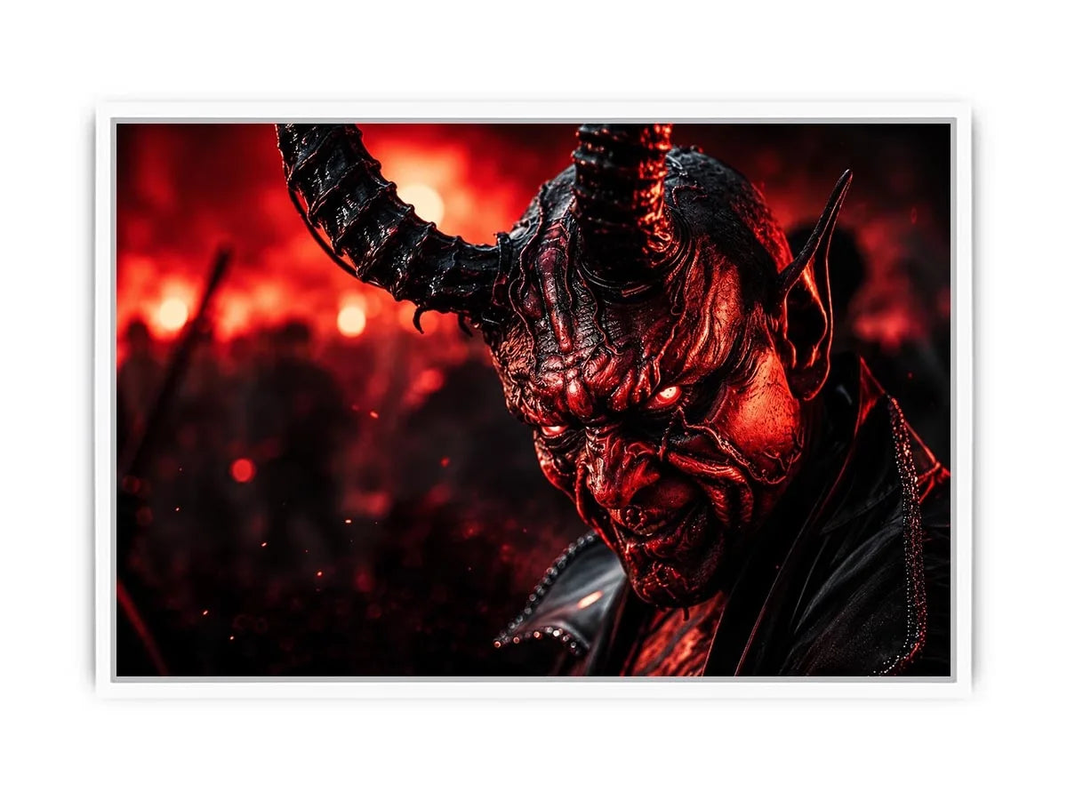 Dark crimson oni mask wall art for gaming room, office, and dramatic modern interior decor.