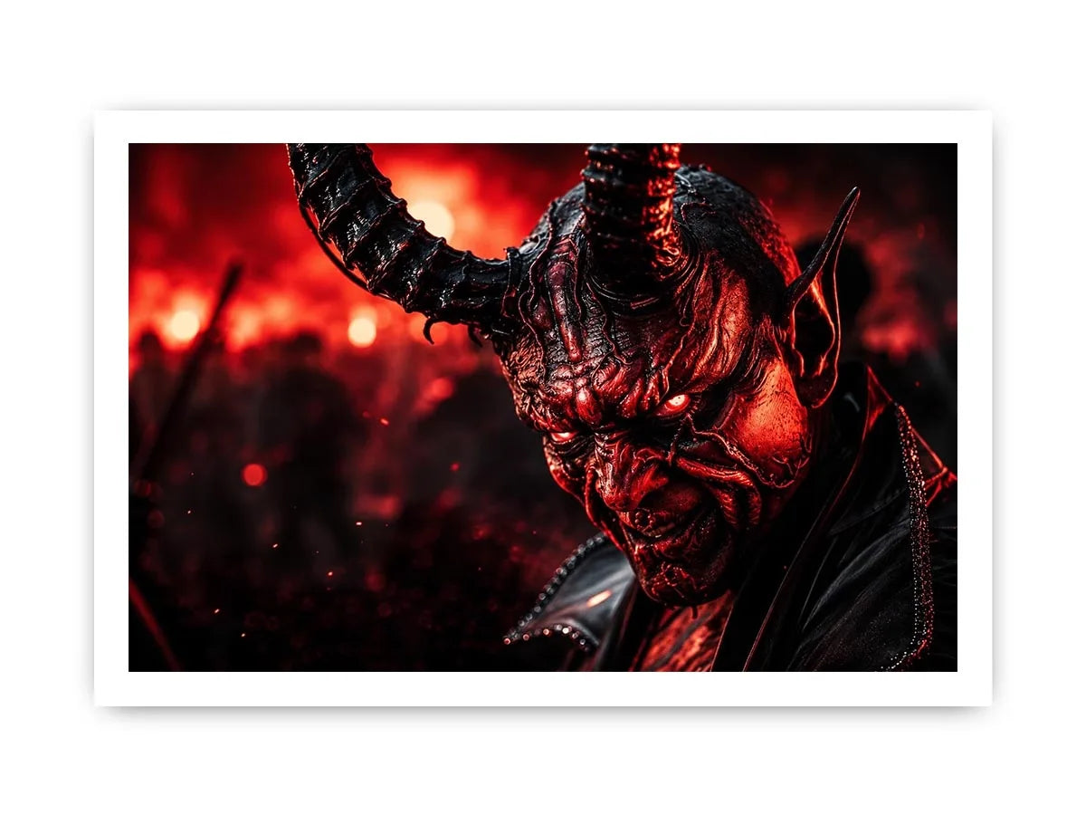 Dark crimson oni mask wall art for gaming room, office, and dramatic modern interior decor.
