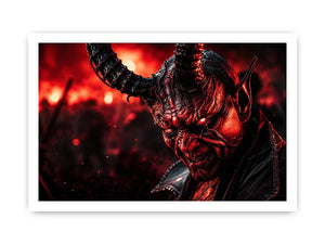 Dark crimson oni mask wall art for gaming room, office, and dramatic modern interior decor.