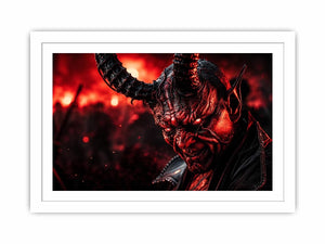 Dark crimson oni mask wall art for gaming room, office, and dramatic modern interior decor.