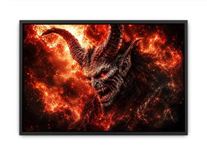 Dark fantasy demon wall art with fiery crimson atmosphere for gaming room and dramatic modern interiors.