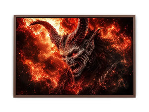 Dark fantasy demon wall art with fiery crimson atmosphere for gaming room and dramatic modern interiors.