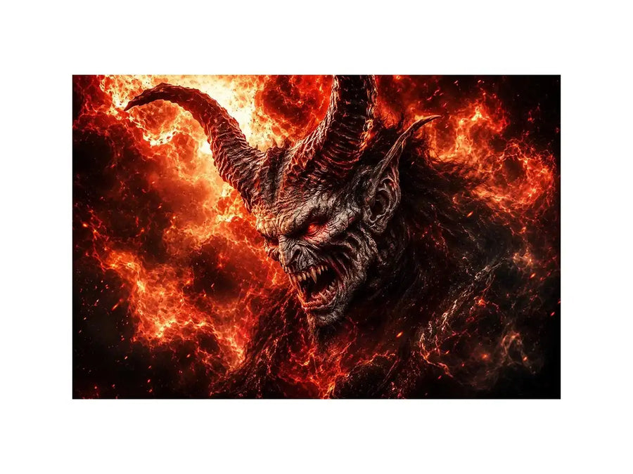 Dark fantasy demon wall art with fiery crimson atmosphere for gaming room and dramatic modern interiors.
