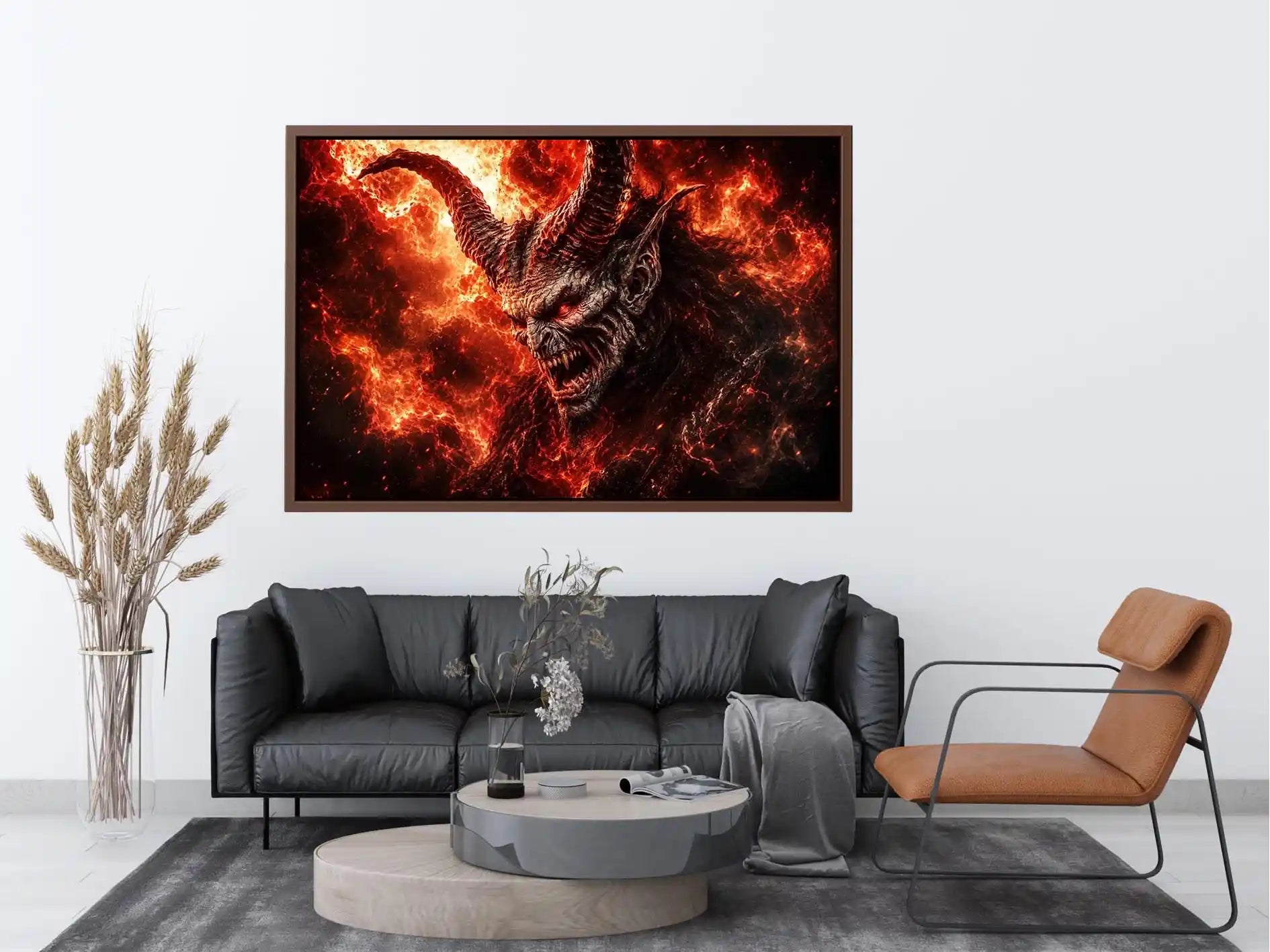 Dark fantasy demon wall art with fiery crimson atmosphere for gaming room and dramatic modern interiors.
