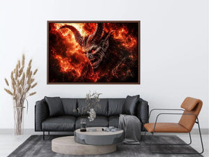 Dark fantasy demon wall art with fiery crimson atmosphere for gaming room and dramatic modern interiors.