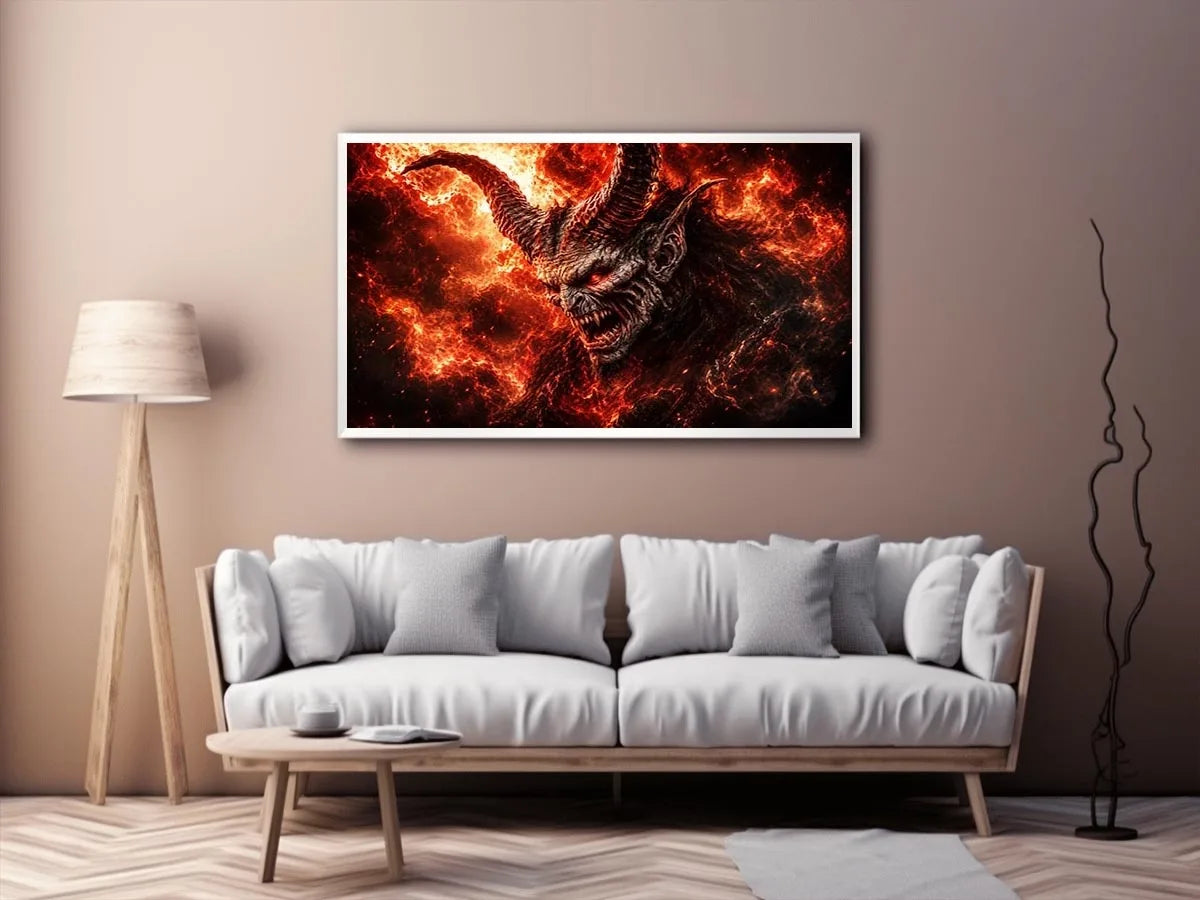 Dark fantasy demon wall art with fiery crimson atmosphere for gaming room and dramatic modern interiors.