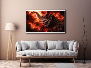 Dark fantasy demon wall art with fiery crimson atmosphere for gaming room and dramatic modern interiors.