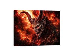 Dark fantasy demon wall art with fiery crimson atmosphere for gaming room and dramatic modern interiors.