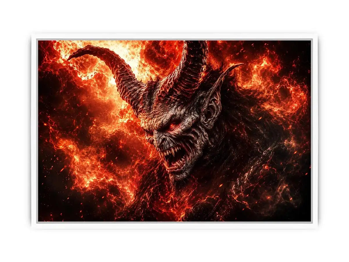 Dark fantasy demon wall art with fiery crimson atmosphere for gaming room and dramatic modern interiors.