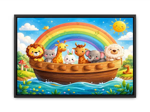 Cute rainbow animal ark nursery wall art for kids bedroom, playroom, and pastel nursery decor.
