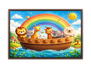 Cute rainbow animal ark nursery wall art for kids bedroom, playroom, and pastel nursery decor.