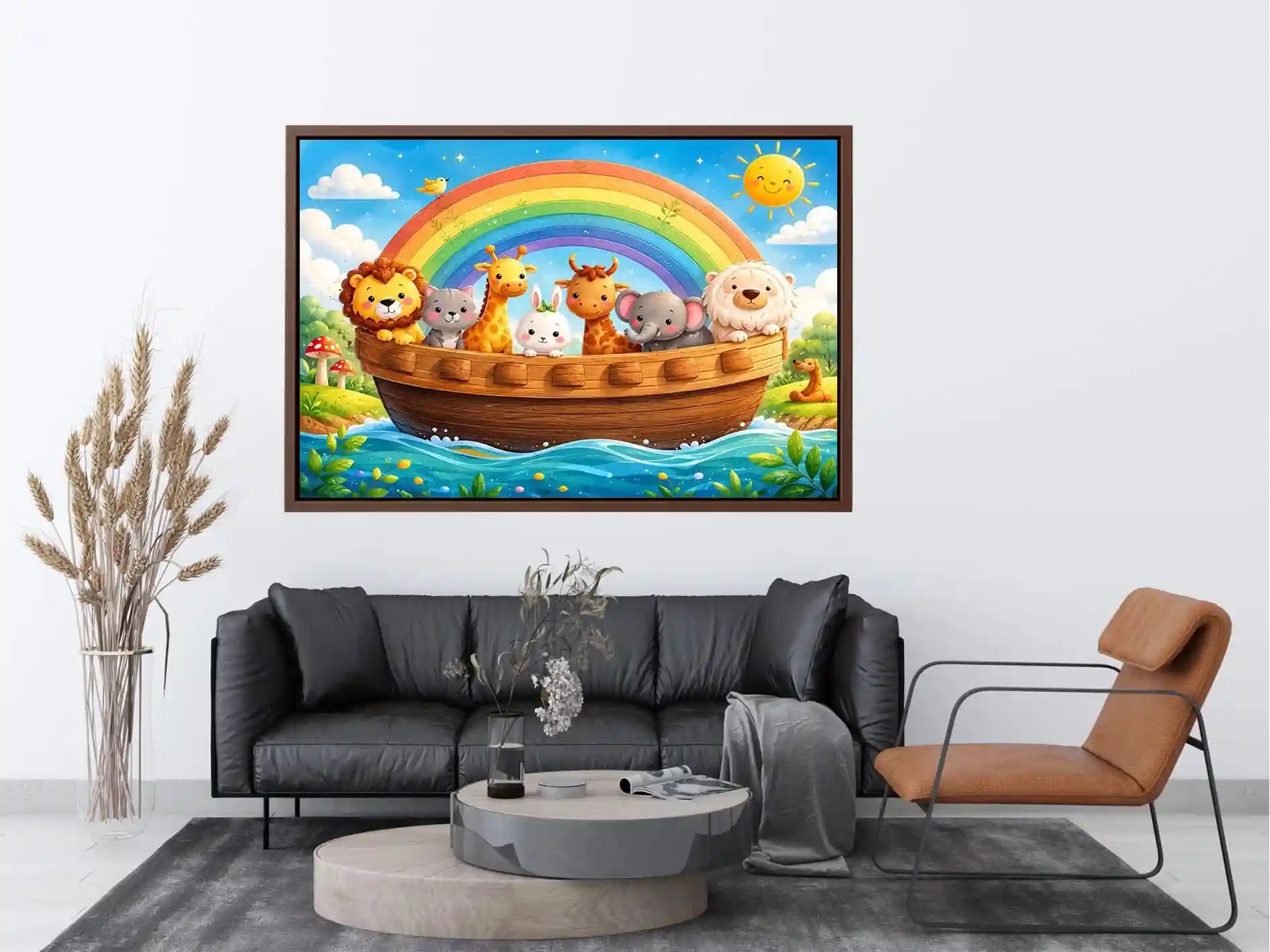 Cute rainbow animal ark nursery wall art for kids bedroom, playroom, and pastel nursery decor.