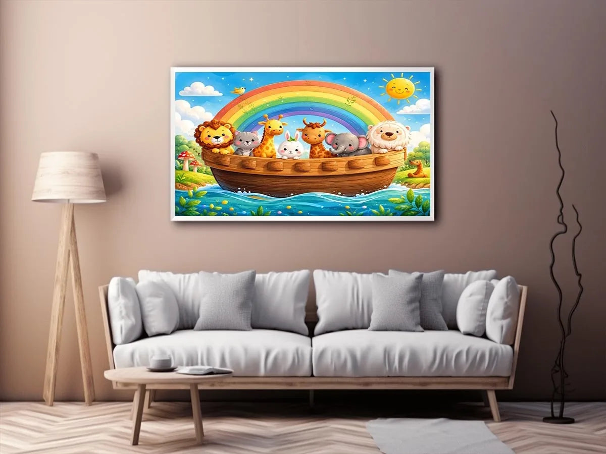 Cute rainbow animal ark nursery wall art for kids bedroom, playroom, and pastel nursery decor.