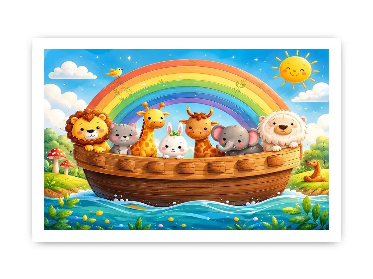 Cute rainbow animal ark nursery wall art for kids bedroom, playroom, and pastel nursery decor.