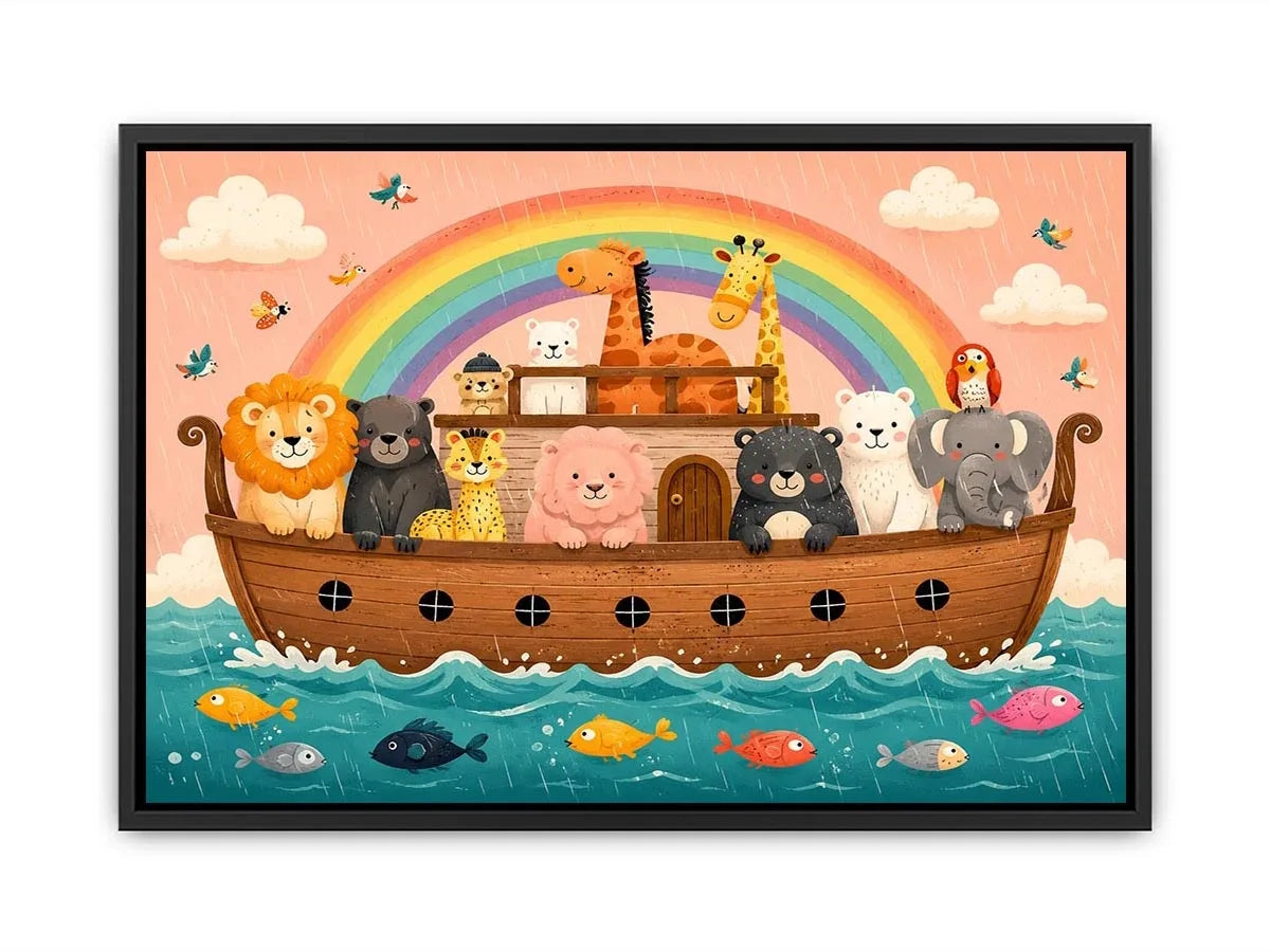 Cute rainbow ark nursery wall art with playful safari animals for kids bedroom and pastel nursery decor.