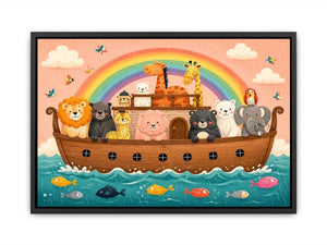 Cute rainbow ark nursery wall art with playful safari animals for kids bedroom and pastel nursery decor.