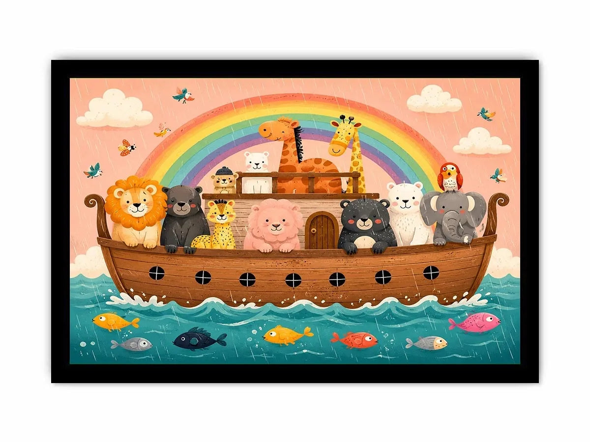 Cute rainbow ark nursery wall art with playful safari animals for kids bedroom and pastel nursery decor.