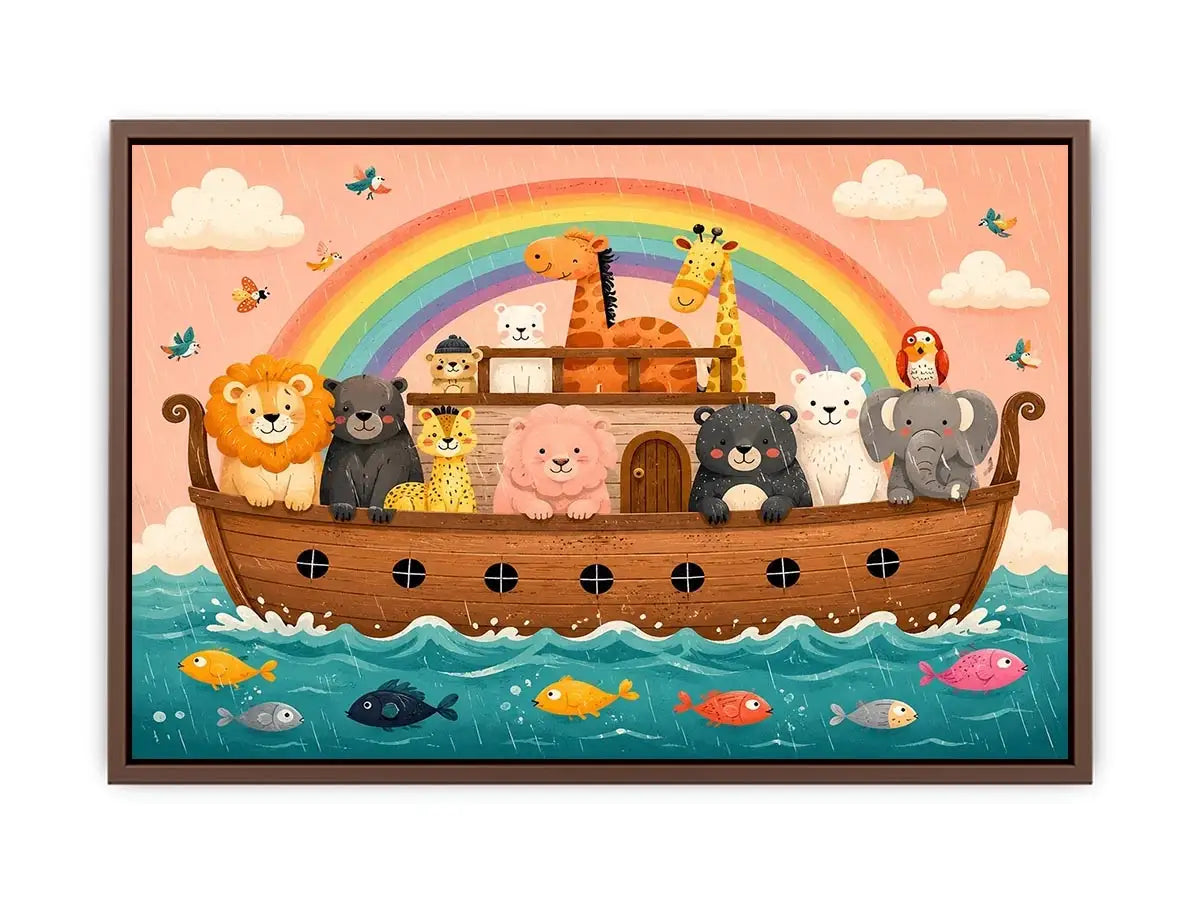 Cute rainbow ark nursery wall art with playful safari animals for kids bedroom and pastel nursery decor.