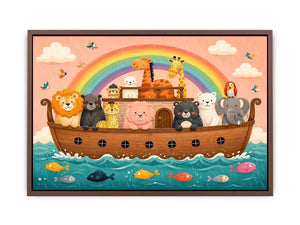 Cute rainbow ark nursery wall art with playful safari animals for kids bedroom and pastel nursery decor.