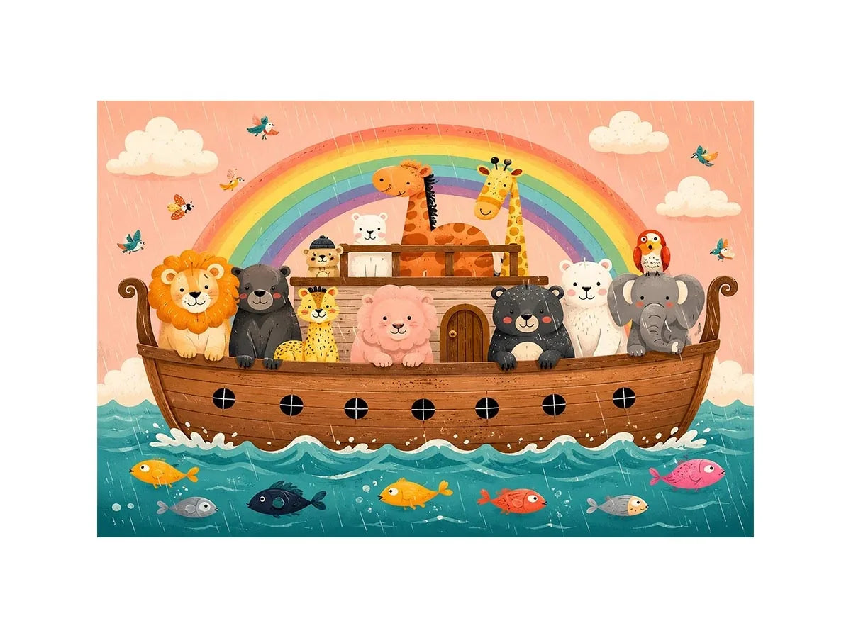 Cute rainbow ark nursery wall art with playful safari animals for kids bedroom and pastel nursery decor.