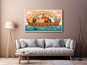 Cute rainbow ark nursery wall art with playful safari animals for kids bedroom and pastel nursery decor.