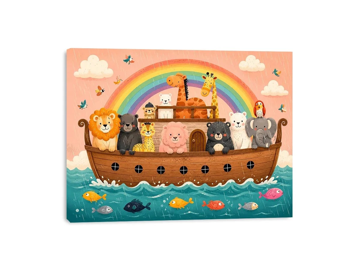 Cute rainbow ark nursery wall art with playful safari animals for kids bedroom and pastel nursery decor.