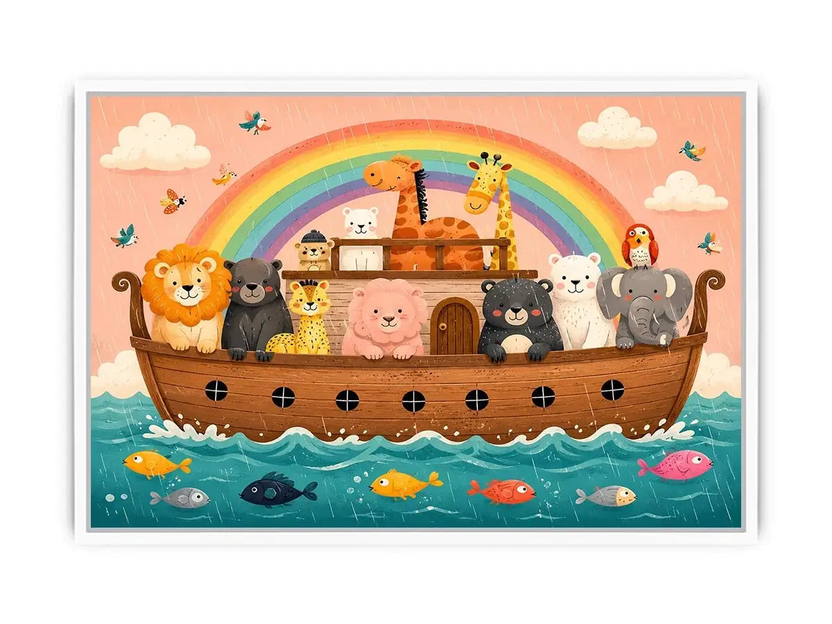 Cute rainbow ark nursery wall art with playful safari animals for kids bedroom and pastel nursery decor.