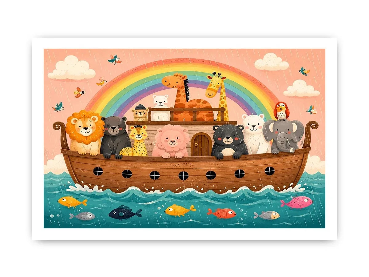 Cute rainbow ark nursery wall art with playful safari animals for kids bedroom and pastel nursery decor.