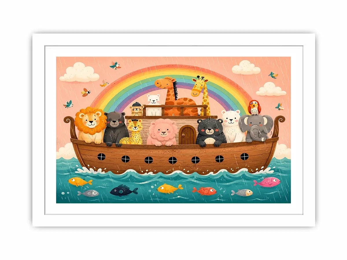 Cute rainbow ark nursery wall art with playful safari animals for kids bedroom and pastel nursery decor.