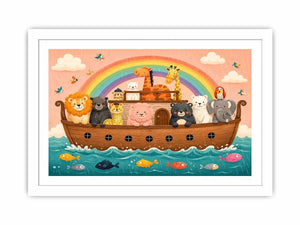 Cute rainbow ark nursery wall art with playful safari animals for kids bedroom and pastel nursery decor.