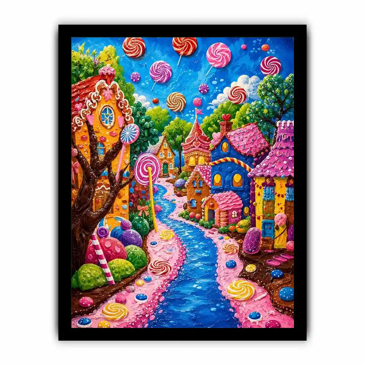 Colorful candyland fantasy village wall art for kids room, playroom, and whimsical nursery decor.
