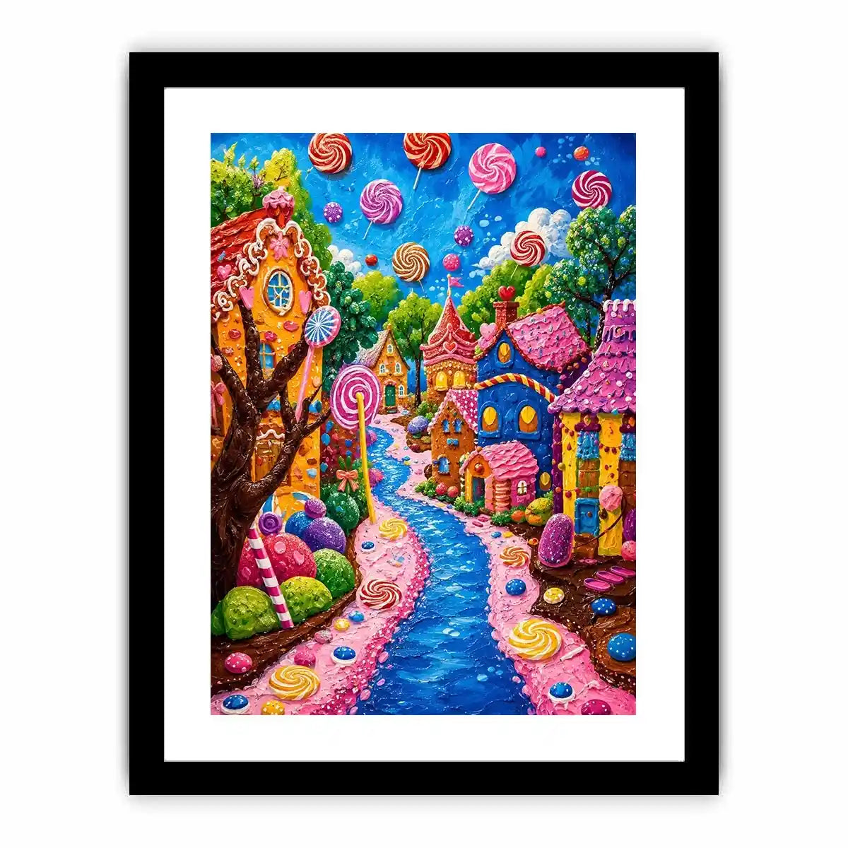 Colorful candyland fantasy village wall art for kids room, playroom, and whimsical nursery decor.