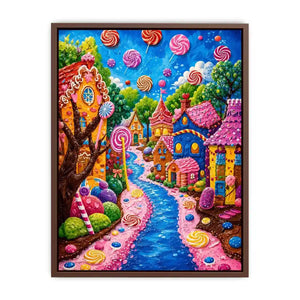 Colorful candyland fantasy village wall art for kids room, playroom, and whimsical nursery decor.