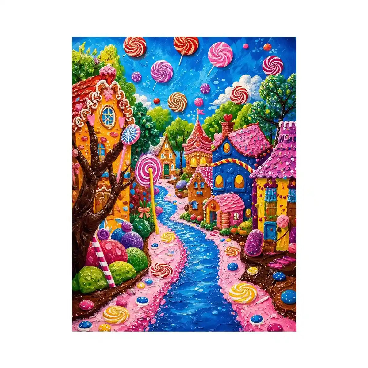 Colorful candyland fantasy village wall art for kids room, playroom, and whimsical nursery decor.