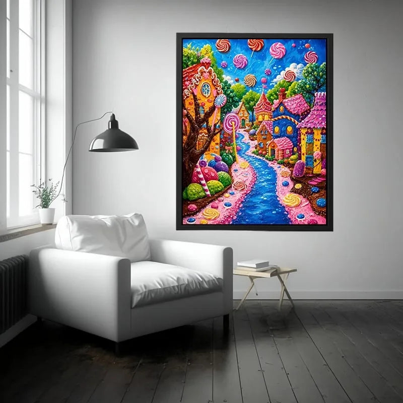 Colorful candyland fantasy village wall art for kids room, playroom, and whimsical nursery decor.