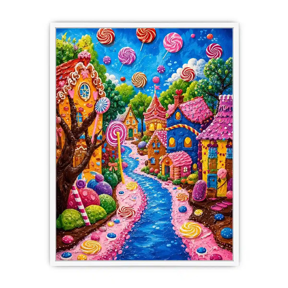 Colorful candyland fantasy village wall art for kids room, playroom, and whimsical nursery decor.