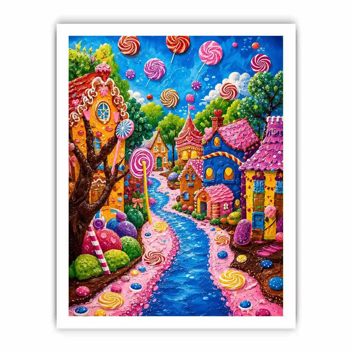 Colorful candyland fantasy village wall art for kids room, playroom, and whimsical nursery decor.